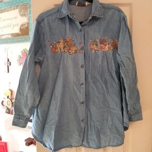 Oh Mamma Women's Vintage Maternity Embroidered Denim Top Bears hearts Size M